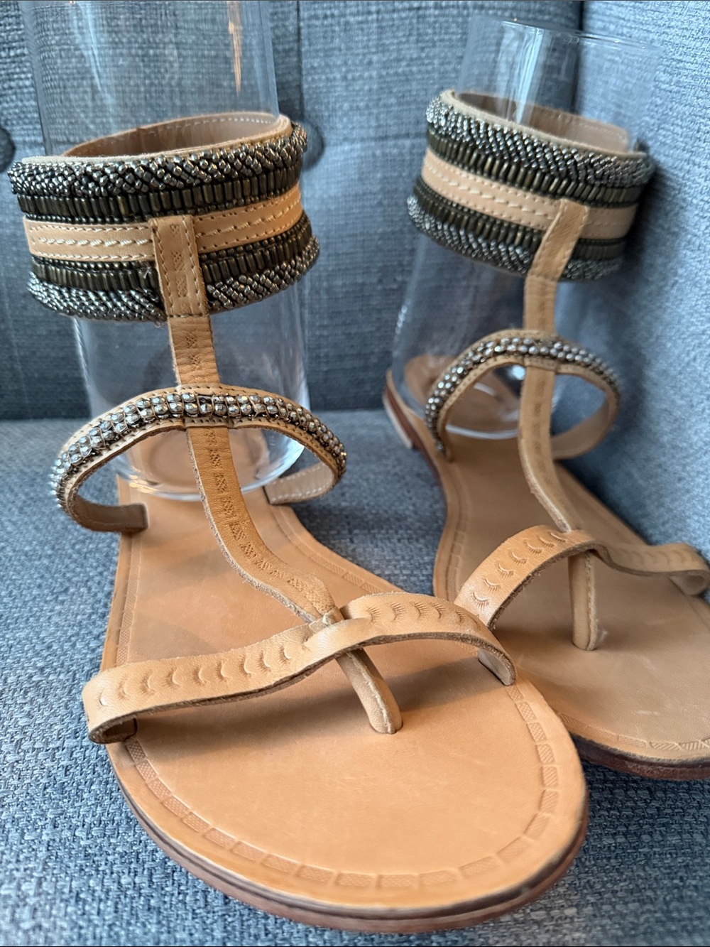 Anthropologie Jasper & Jeera Tan Embellished Ankle-Strap Sandals 7.5/8 
EU 38